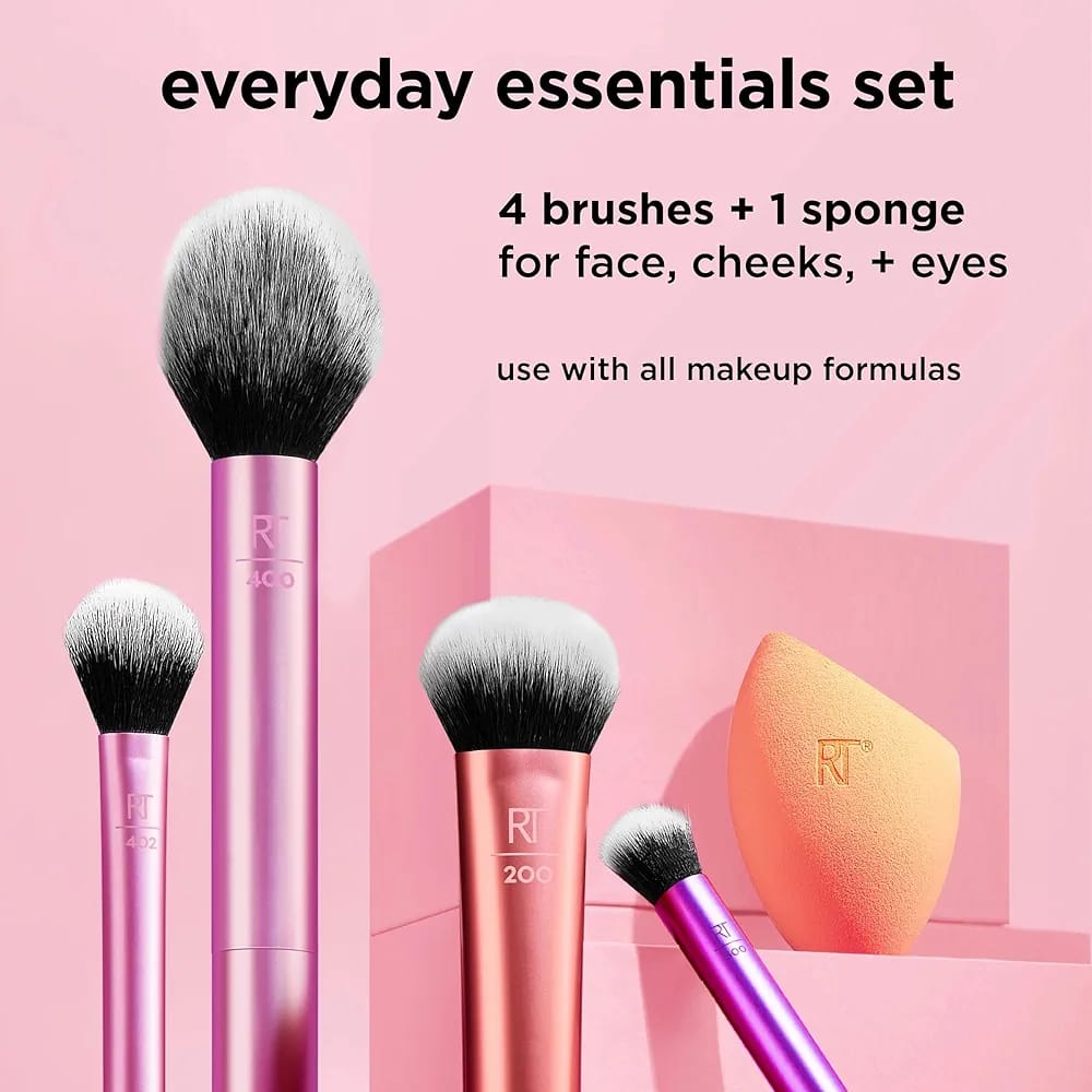 Real Techniques Everyday Essentials Makeup Brush Kit - 5pc_* EVERYDAY ESSENTIALS FOR BLUSH + FOUNDATION + SHADOW + HIGHLIGHTER + CONCEALER FACE + EYE + CHEEK ORIGINAL BRUSH KIT BARCODE SCAN SOFT & SMOOT BRUSH R.s 3500/=