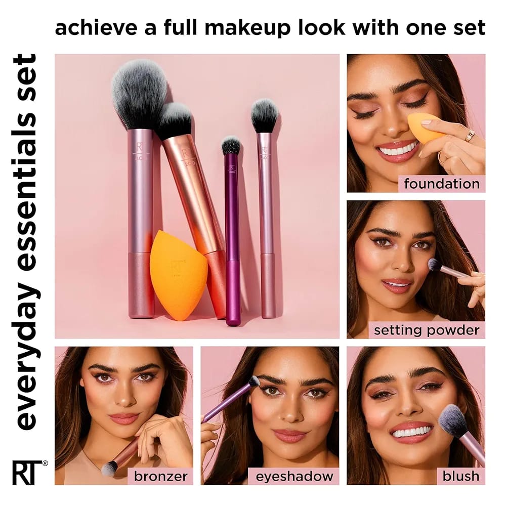 Real Techniques Everyday Essentials Makeup Brush Kit - 5pc_*  EVERYDAY ESSENTIALS   FOR BLUSH + FOUNDATION  + SHADOW + HIGHLIGHTER + CONCEALER   FACE + EYE + CHEEK   ORIGINAL BRUSH KIT   BARCODE SCAN   SOFT & SMOOT BRUSH   R.s 3500/=