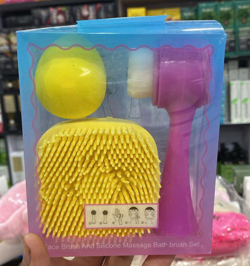 3 IN1 Friendly Shower Body Skin Bath Scrubber Soft Exfoliating Brush with Facial Brush Set Body and Facial Cleansing Set_*  BEST QUALITY   FACE BRUSH AND SILICONE MASSAGE BATH BRUSH SET  *R.s 1199/=*